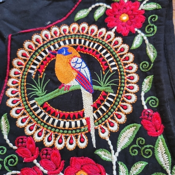 Uzbek Vintage Boho Embroidered Vest Birds & Floral Pattern‎ Black Festival M - Picture 4 of 9